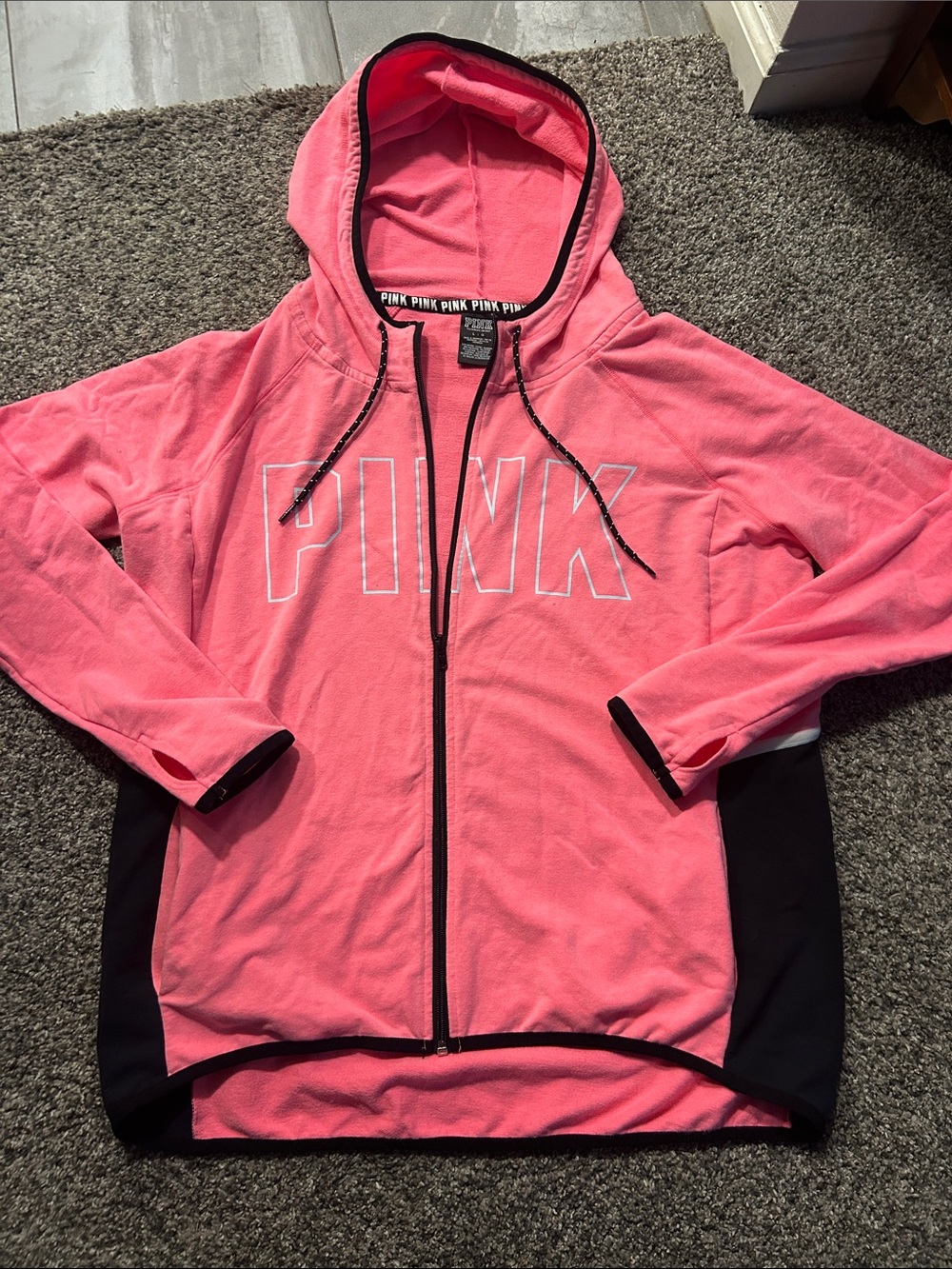 Victoria's Secret PINK Coral Pink Zip-Up Hoodie Jacket with Black Trim
